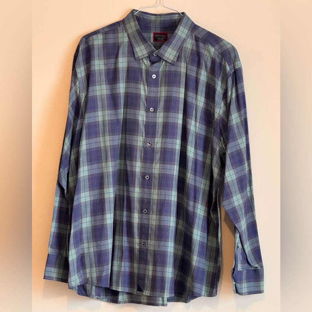 Untuckit Men's Blue And Green Plaid Shirt